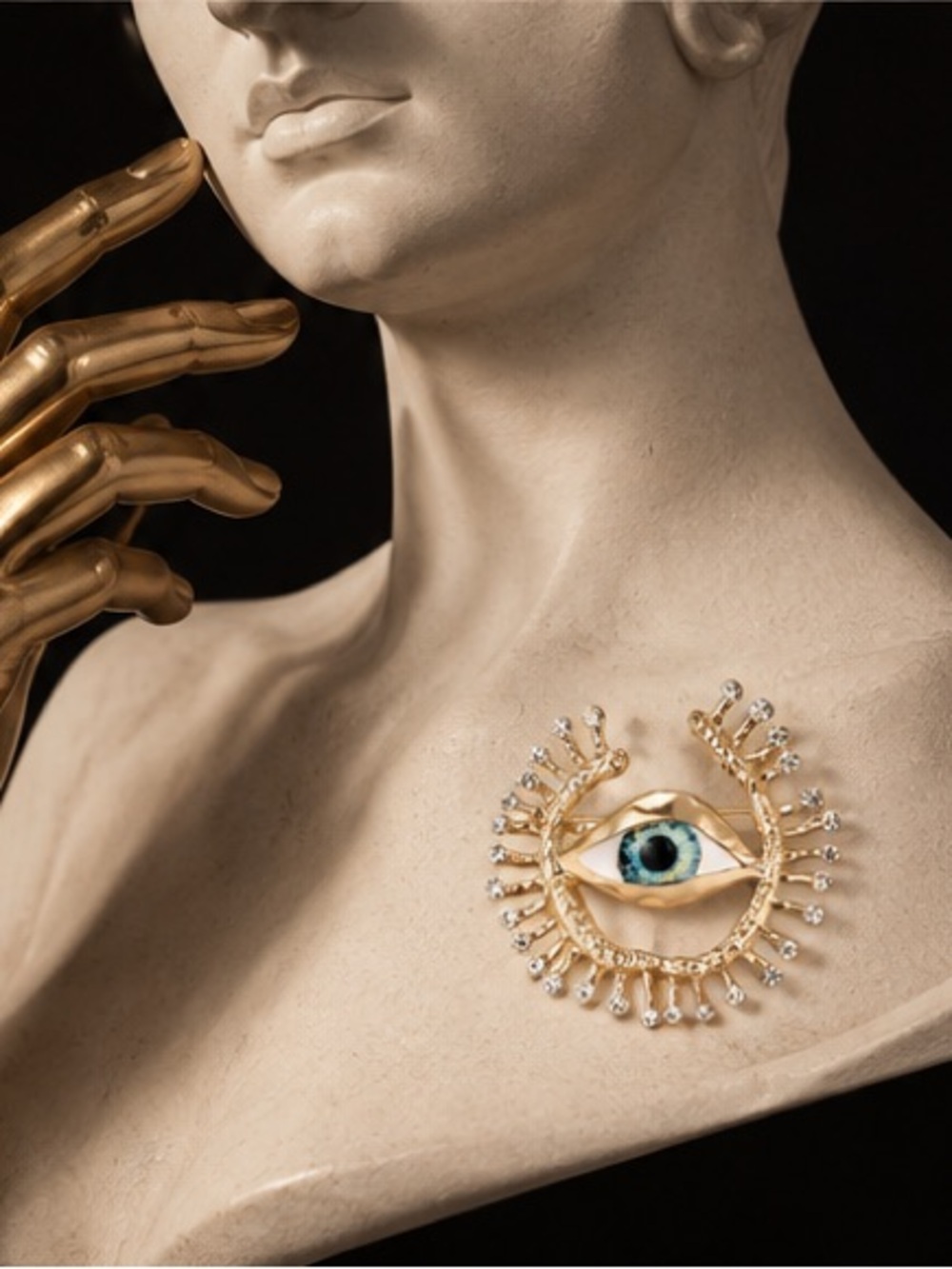 Surreal Eye Brooch in Gilded Gold with Crystal Rays and Turquoise Iris